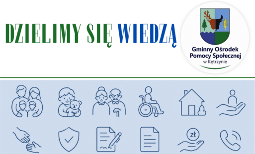 grafika Gminnego Ośrodka Pomocy Społecznej w Kętrzynie, przedstawiająca symbole związane z pomocą społeczną, rodziną, osobami starszymi i osobami z niepełnosprawnościami.